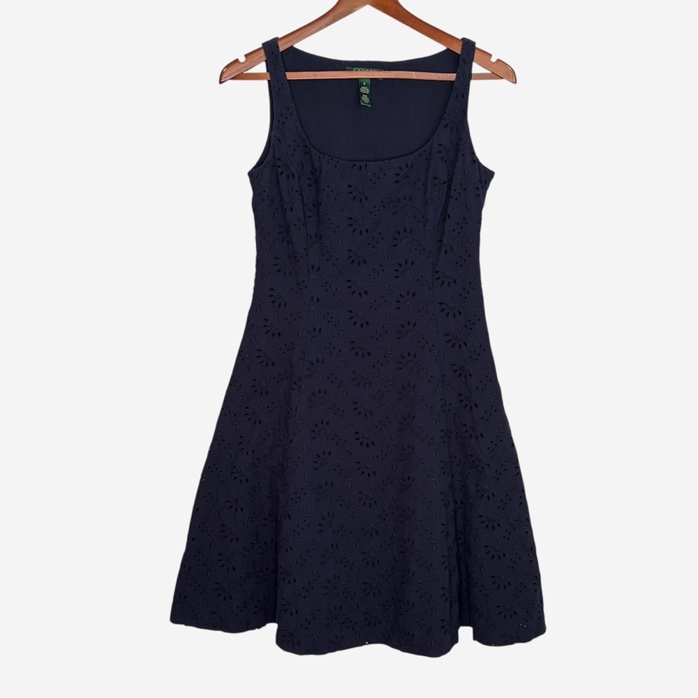 Lauren Ralph Lauren Sleeveless Eyelet Fit & Flare Dress Size 6 Navy Blue Lined